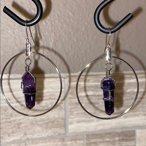 Purple Amethyst Crystal Wire Wrapped Large Silver Hoops Earrings